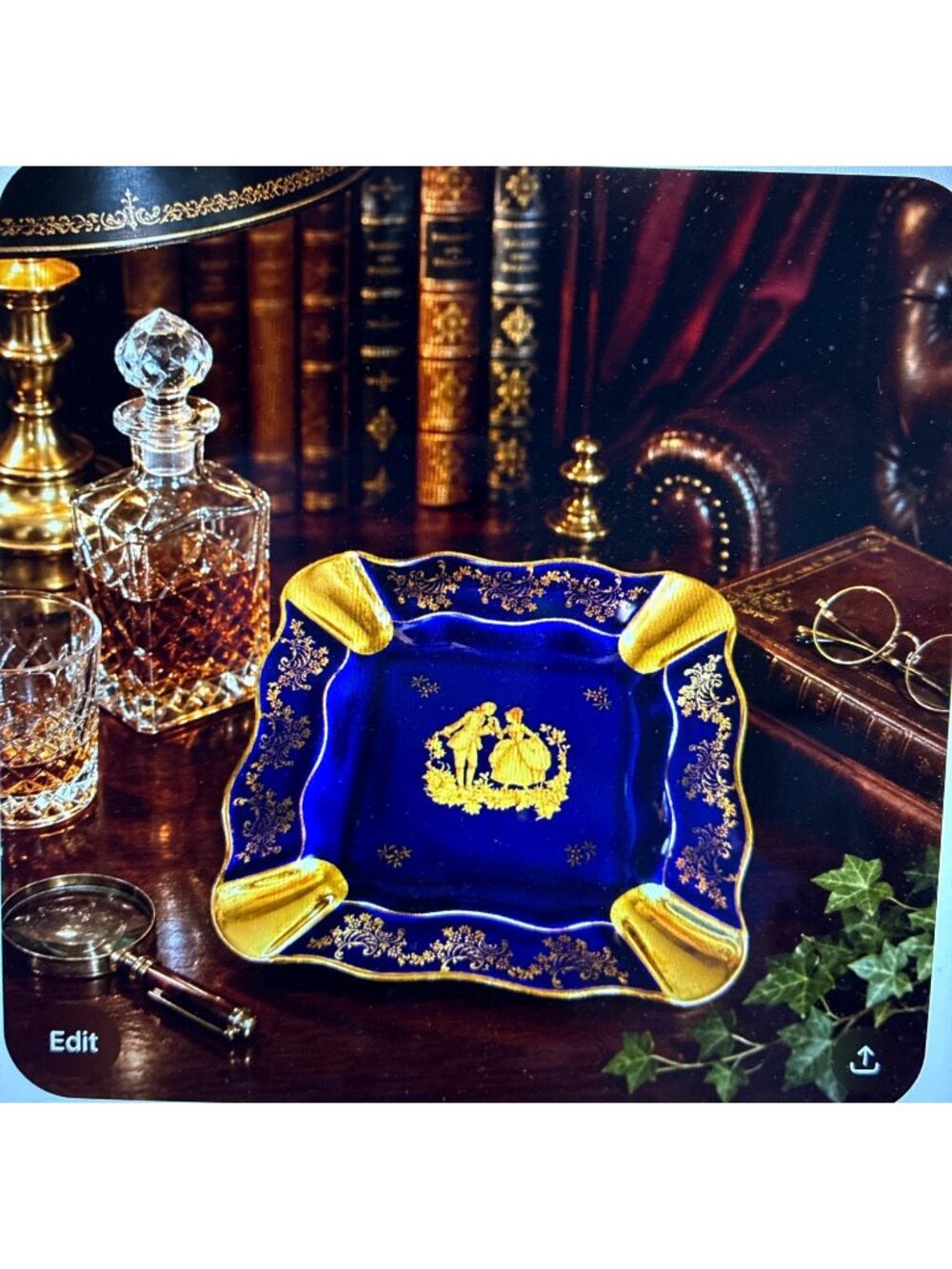 Vintage Limoges France Cobalt Blue Porcelain Cigar Ashtray Gold Gilt Courting Co - Picture 2 of 10